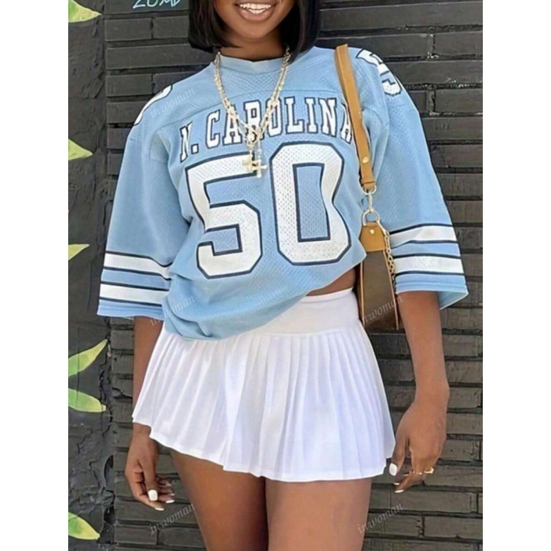 Women's Clothing Summer Casual Blue Letter Printed T Shirt Women's Round Neck Short Sleeve Harajuku Football Jersey Street...