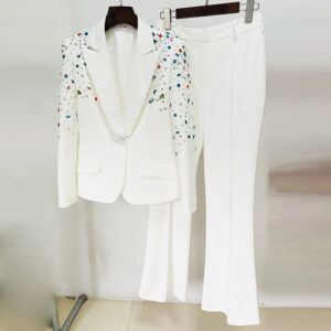 Women's Clothing fashion new heavy duty nail beads diamond slim fit suit jacket flared trousers suit two pieces - Damenbek...