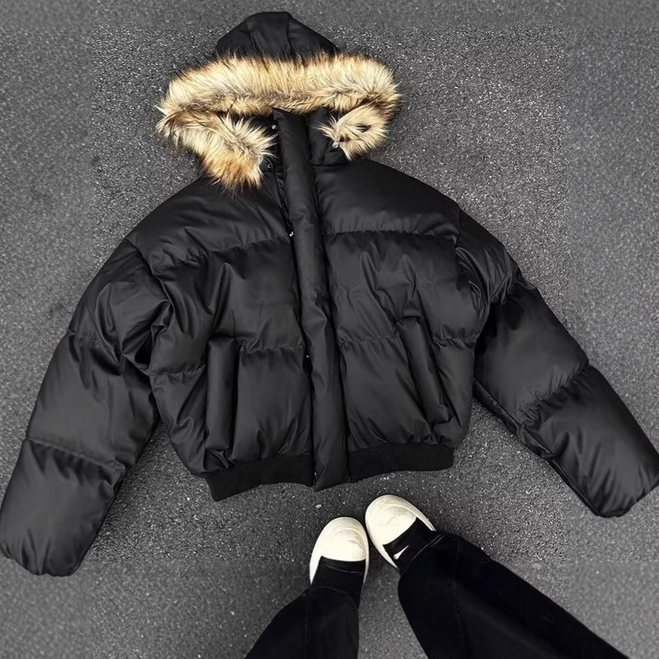 Men’s Winter Parka With Detachable Faux Fur Hood – American Retro Streetwear, Thickened Cotton Blend Coat For Couples (M-2...