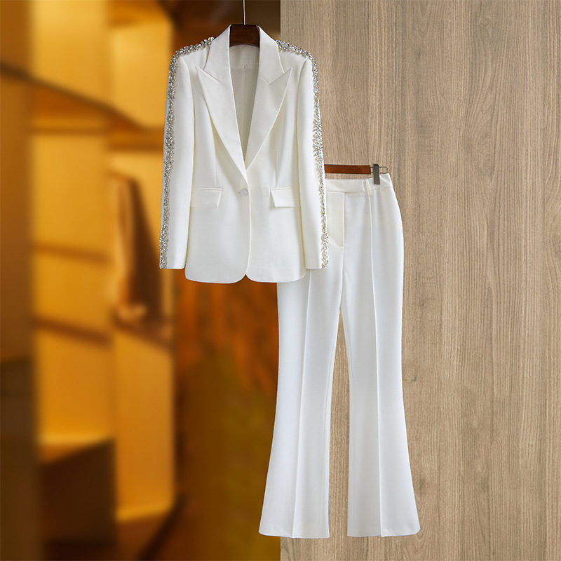 Women's Clothing High Quality Heavy Duty Mid Length Suit Jacket Wide Leg Trousers Fashionable Trousers Rhinestones Ins Hot...