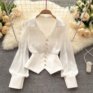 Women's Clothing Design Niche Ruffled Collar Long Sleeved Shirt Women's Temperament Irregular Hem Puff Sleeve Top - Damenb...