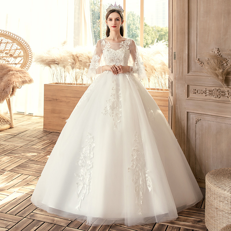 Women's plus size wedding dress m slimming fat people bridal knot one-line shoulder-length wedding dress covering arms aut...