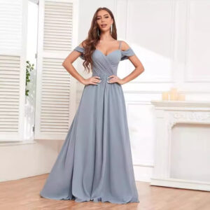 Elegant Off-Shoulder Bridesmaid Dress Long Chiffon Formal Evening Gown With Ruffles & Pleats For Wedding Party, Prom, Blac...