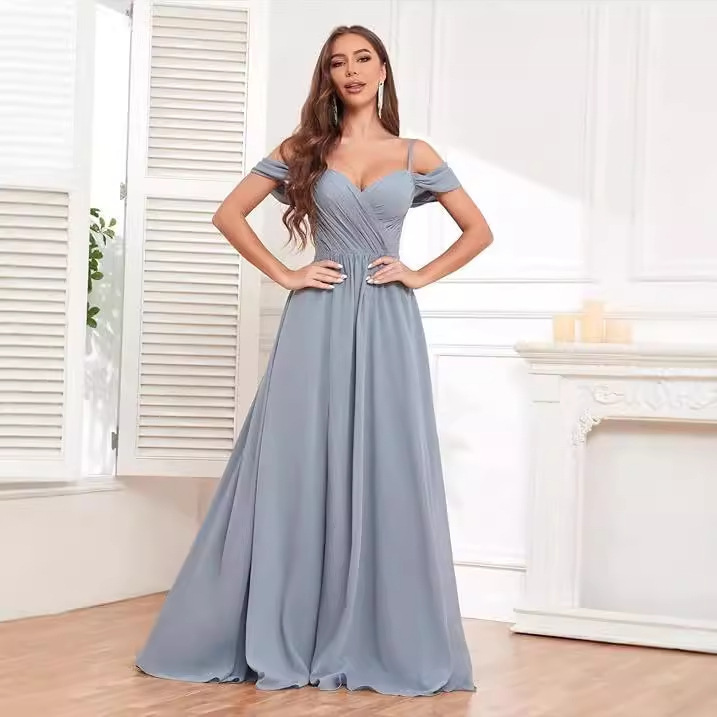 Elegant Off-Shoulder Bridesmaid Dress Long Chiffon Formal Evening Gown With Ruffles & Pleats For Wedding Party, Prom, Blac...
