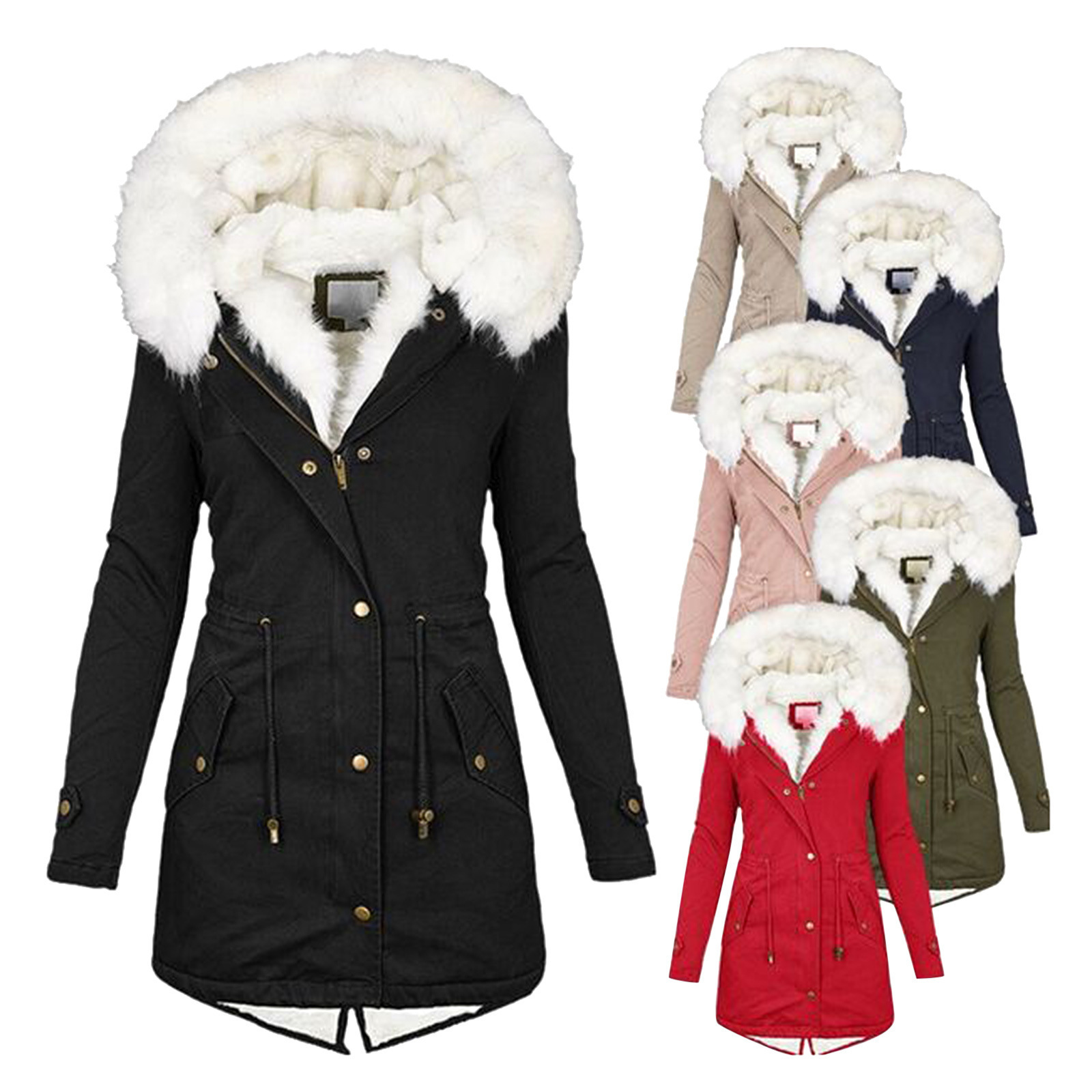 Women's Clothing New winter women's cotton coat white fur collar mid length plus velvet cotton coat waist drawstring warm ...
