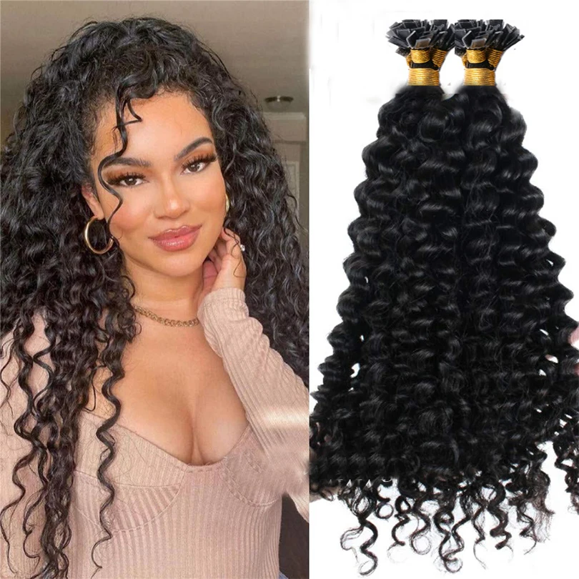 Kinky Curly Flat Tip Hair Extensions Human Hair Fushion Remy Hair 30 Inches 300 Strands Brazilian Pre Bonded Tip Hair Exte...