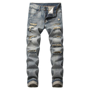 Cross-border Men's Clothing Ripped Straight Slim-fit Non-elastic Jeans Multi-ripped Men's North American Trousers - Herren...
