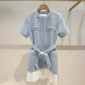 Women's Clothing Early Spring Fashion Sky Blue Tweed Waist Patchwork Pleated Hem Round Neck Dress 24941 - Damenbekleidung