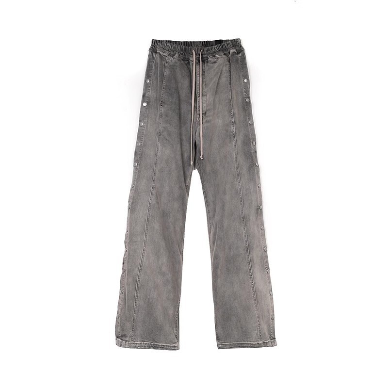 RO RICK Style Hip Hop Street Style Washed Distressed Smoky Gray Floor Length Button Down Jeans, Same Style As Central Cee....