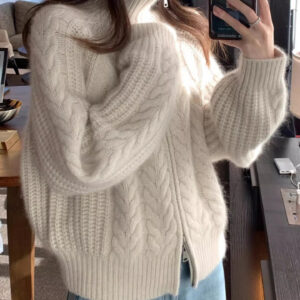 European Style High Collar Thick Knit Cardigan For Women 2026 Heavy Craft Twist Zipper Autumn Winter Thickened Knitted - D...