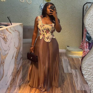 New Sweet And Fresh Printed Waist-cinching Vest With High-waisted Pleated Skirt Two-piece Set. - Damenbekleidung