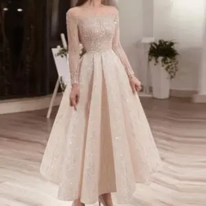 Beige Midi Evening Dress For Women Party Long Sleeve Illusion Neck Ankle Length Arabic Bridal Formal Gowns - Damenbekleidung