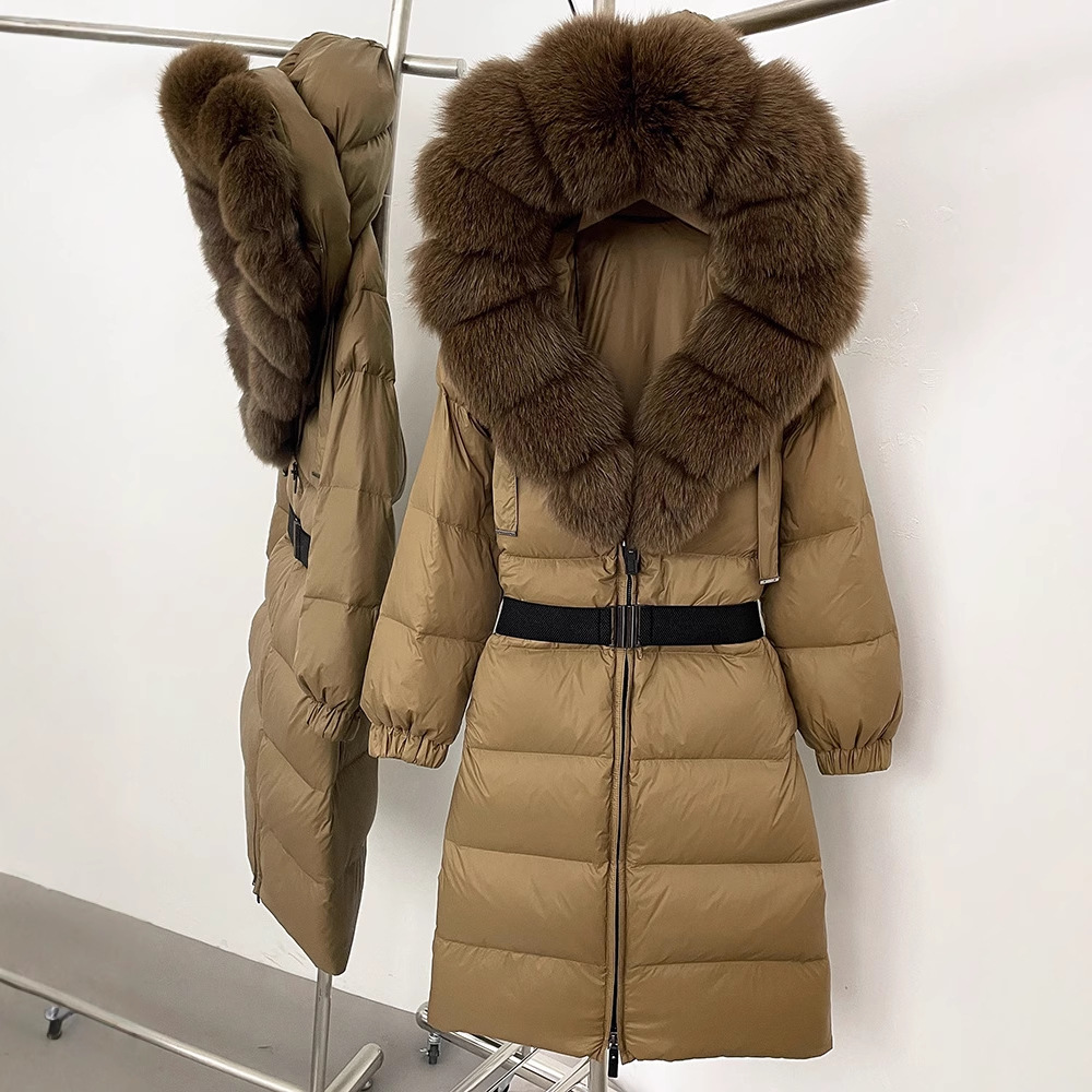 Langer Daunenmantel mit Kapuze für Damen im Winter – Fuchspelzbesatz, Taillenband, verdickte 95 % weiße Entenfedern (S-2XL...