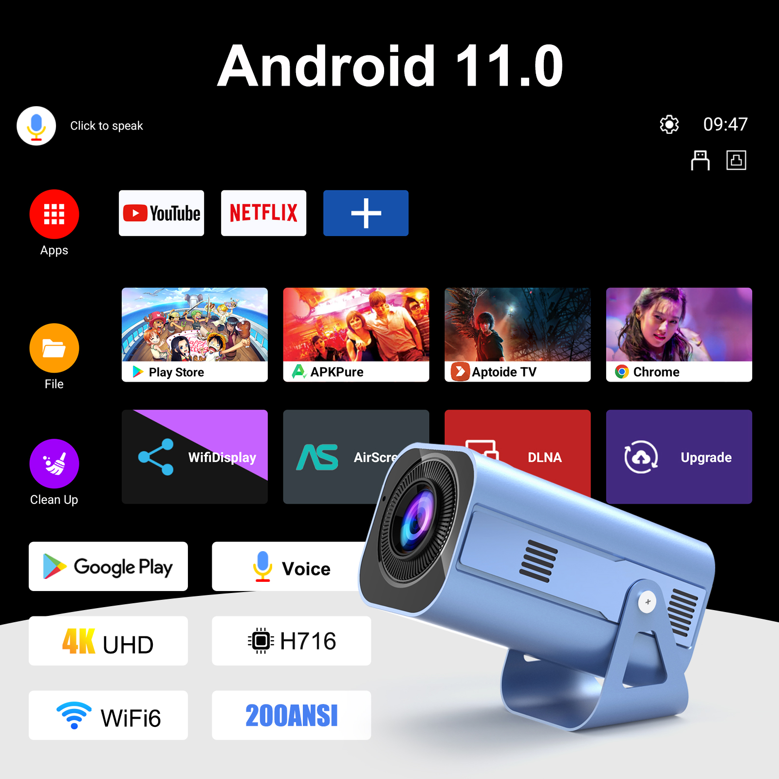H96 MAX Projector B11 4K Android11 Dual Wifi6 200ANSI Allwinner H716 2GB 16GB BT5.0 1080P 1280*720P Home Cinema Outdoor - ...