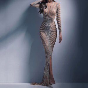2025 Spring New Fashionable Hot Diamond Women's Mesh Transparent Sleeve Split Long Dress - Damenbekleidung
