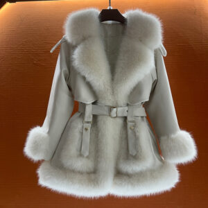 ​​Luxury Fur Coat For Women – Mid-Length Plush Collar Wrap Coat (Off-White/Black, L-3XL)​​ - Damenbekleidung