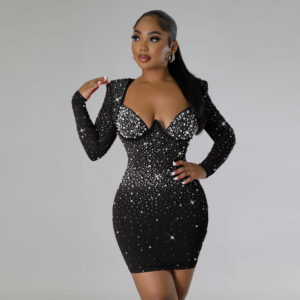 Women's Clothing Sexy Slim Fit Hot Diamond Slim Fit Elastic Hip Long Sleeve Dress - Damenbekleidung | Technik & Gadgets