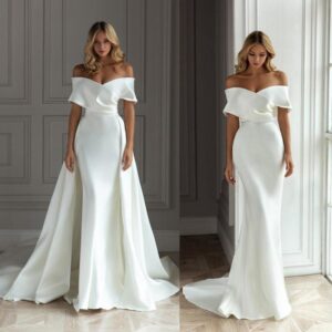 Women's light wedding dress satin long tail temperament simple and elegant Hepburn style one-shoulder wedding dress - Dame...