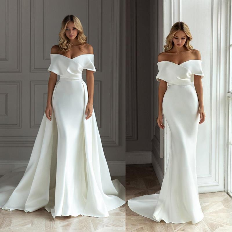 Women's light wedding dress satin long tail temperament simple and elegant Hepburn style one-shoulder wedding dress - Dame...