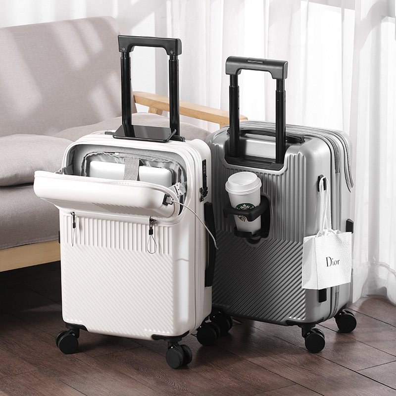 US Multifunctional Front Opening Suitcase Large Capacity Women's Suitcase Cup Holder Trolley Suitcase 20 Inch Boarding Sui...