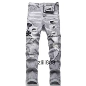 Men Snake Embroidery Gray Denim Jean Streetwear Hole Ripped Ditreed Stretch Pant Embroidered Slim Straight - Herrenbekleidung