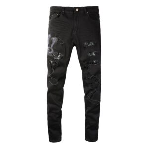 Men Snake Embroidery Jeans Skinny Tapered Stretch Denim Pants Streetwear Holes Ripped Leather Patch Patchwork Trousers - H...