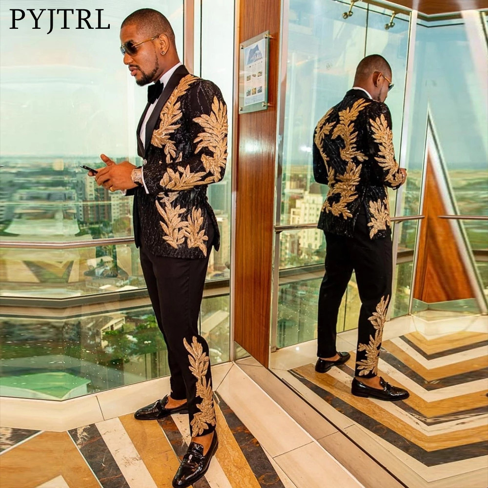 Men's Clothing High Quality Gold Sequin Applique Suit Suit Casual Blazer Singer Performance Costume - Herrenbekleidung