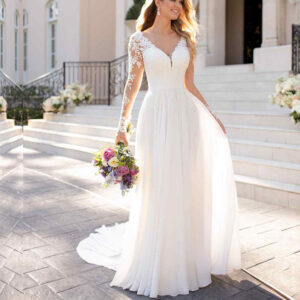 Women's Clothing Wedding Dress Light Luxury New Summer Hot Sale Lace Applique Deep V Neck Transparent Long Sleeve Main Wed...