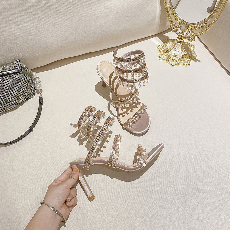 Women Shoes Fashionable Heels Fashionable Sports Shoes Snake Tangle Crystal Pendant With Rhinestones French Straight Heels...