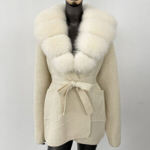 ​​Women's Oversized Knit Cardigan With Real Fox Fur Collar – Mid-Length Cozy Sweater (Multiple Colors, One Size Fits All)​...