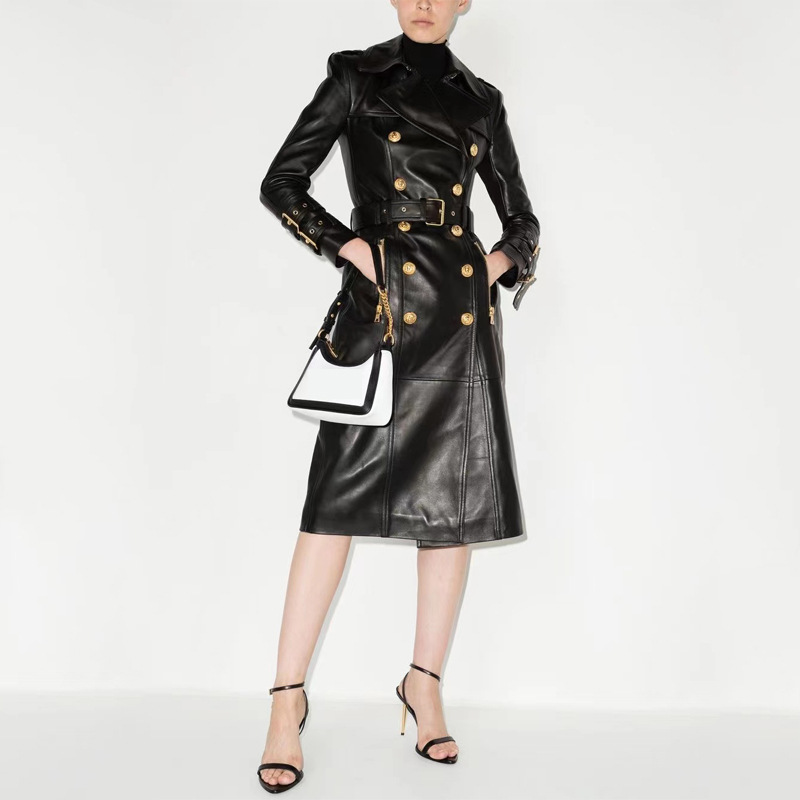 Women's Clothing Autumn and Winter Show Style Super Heavy PU Leather Atmospheric Windbreaker Lace up Waist Over Knee Coat Trend Internet Celebrity