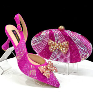 ​Elegant Pointed-Toe Rhinestone Sandals With Bow & Round Handbag Set – Women’s Fashion Show Heels & Clutch For Parties & S...