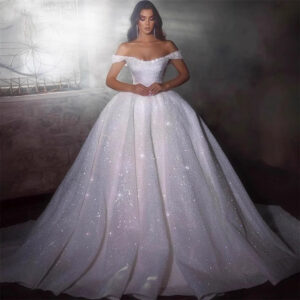 Elegant Off-Shoulder Wedding Dress With Lace Detailing, High Waist, And Princess Silhouette For Brides – Long Sleeve, Floo...
