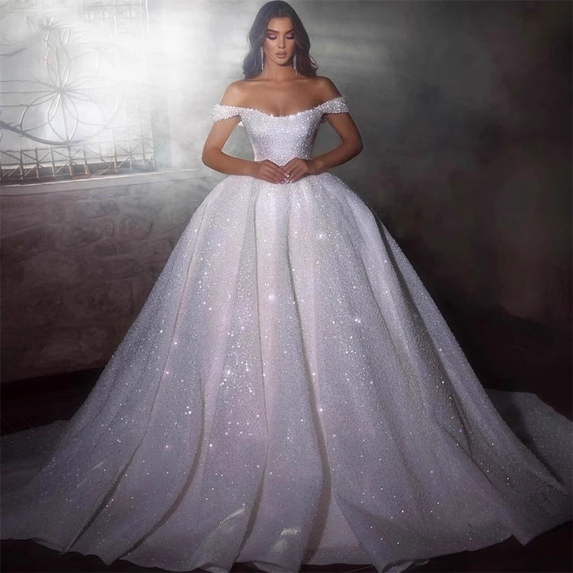 Elegant Off-Shoulder Wedding Dress With Lace Detailing, High Waist, And Princess Silhouette For Brides – Long Sleeve, Floo...
