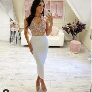 Bandage evening dress slim and sexy V-neck beaded mid-length style slimming - Damenbekleidung | Technik & Gadgets