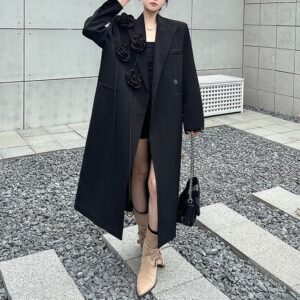 2026 Black Long Blazer For Women New Loose Thickened Three-Dimensional Floral Heavy Craft Suit Coat - Damenbekleidung