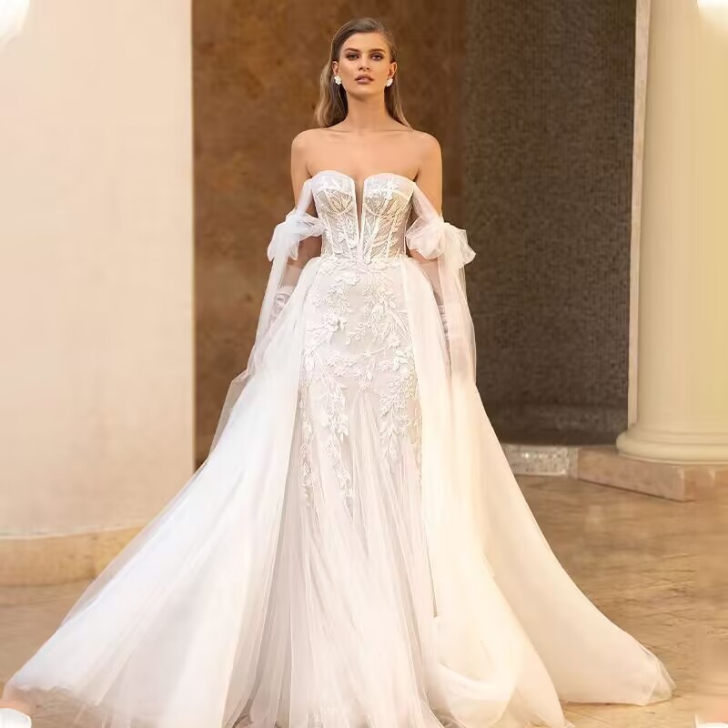 Foreign trade wedding dress 2025new one shoulder foreign trade wedding dress with large skirt and detachable lace tail for...