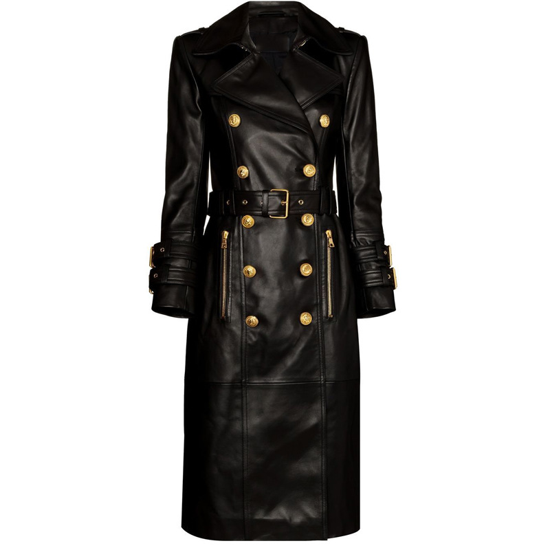 Women's Clothing Autumn And Winter Show Style Super Heavy PU Leather Atmospheric Windbreaker Lace Up Waist Over Knee Coat ...