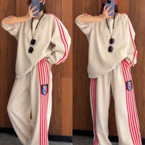 European Fashion Street Style Sportswear Set For Women, Loose Slimming Sweatshirt And Wide-Leg Pants, Casual Two-Piece Set...