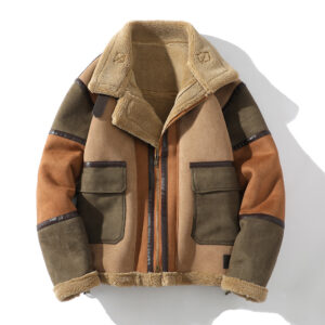 Men's Clothing men's large size lapel fur and velvet thickened warm stitching color matching jacket - Herrenbekleidung