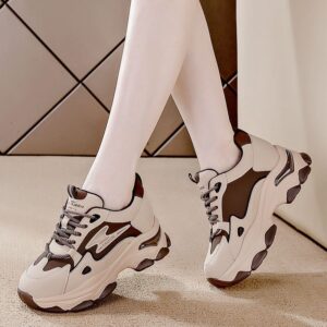 Genuine leather thick sole dad shoes for women with increased shock absorption and lace up color matching mesh red - Schuhe