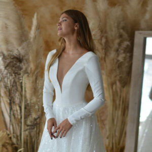 sexy Deep V Long-sleeved Wedding Dress Simple Lace Sequined Long Wedding Dress - Damenbekleidung | Technik & Gadgets