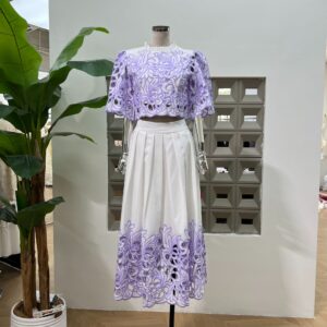 Elegant Summer Embroidery Lace-Up Zip Neck Short Sleeve Top + High-Waist Embroidered Skirt Set – Floral & Boho Chic Outfit...