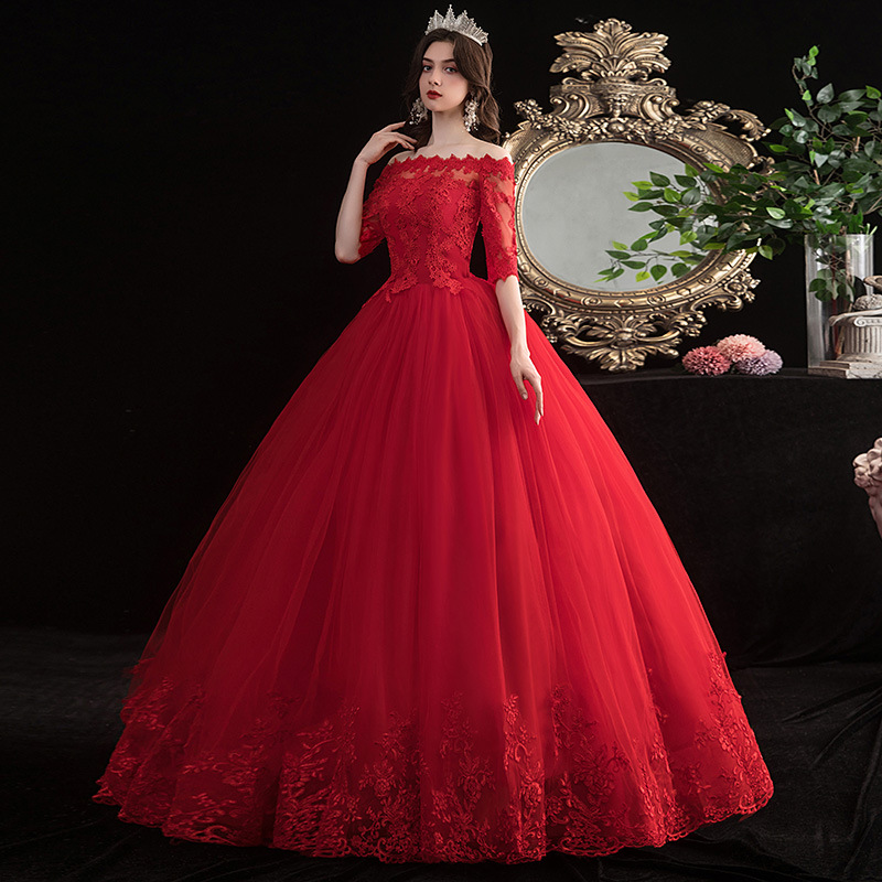Women's One-shoulder Red Wedding Dress Bridal Knot Center Shaft Floor-length Large Size Slim Princess Simple Spring And Su...
