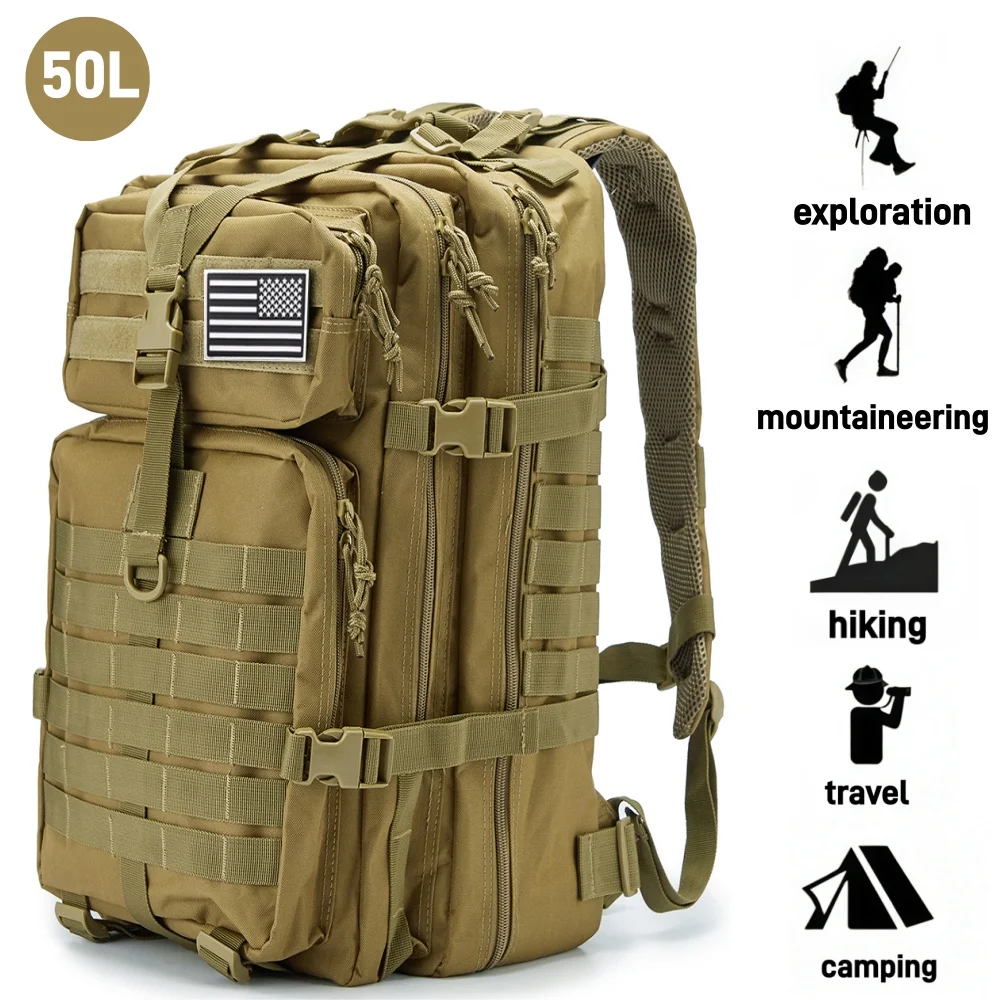 50L Large Capacity Tactical Waterproof Hiking Backpack With Molle System, 3 Day Assault Pack For Outdoor Camping Travel - ...