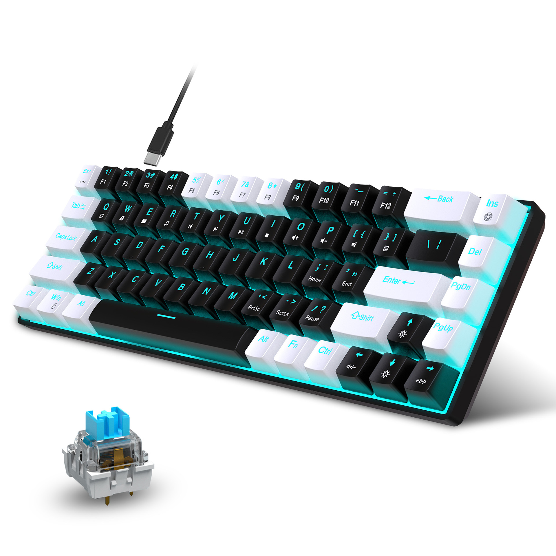 New 68 key wired mechanical esports game keyboard hot plug axis engineering dual color injection molding keycap ice blue -...
