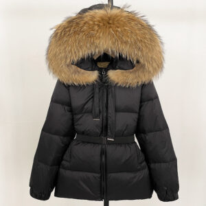 Women's Premium Raccoon Fur Hooded Down Coat - Longline Winter Parka With Detachable Fur Trim & Waist Tie, 90% White Duck ...