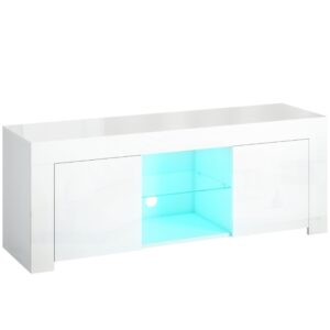 TV-Schrank Mit LED-Beleuchtung, 2 Schranktüren, Glasregal, Kabellöcher, Für Wohnzimmer, Spanplatte, Weiß