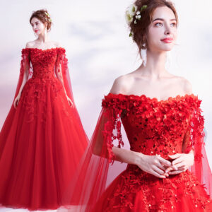 Women’s Clothing Rose Red Evening Dress With Long Sleeves And Veil New Bride Wedding Toast Dress Fairy Evening Dress - Dam...