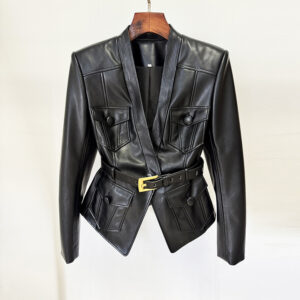 ​​European-Style Belted Leather Jacket – Slim Fit Faux Leather Coat For Women (Black, S-XXL)​​ - Damenbekleidung